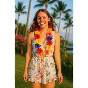 Floral Romper J for Justify M Sleeveless Surplice Ruffle Hem White Pink Blue‎